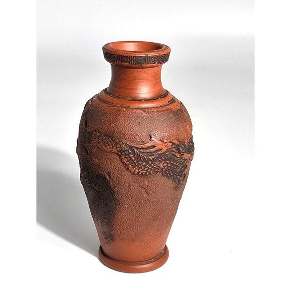 Tokonama Red Clay Dragon Motif Vase Textured Finish Intricate Dragon Carvings - Picture 3 of 12